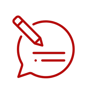 Icon depicting a speech bubble with a pencil, representing the interactive blog platform for E-design.