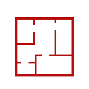 Abstract icon of a stylized floor plan in red outline representing interior design and e-design concepts