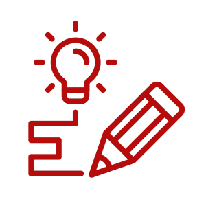 Icon representing e-design services, featuring a light bulb symbolizing ideas and a pencil indicating design, with a step-like structure connecting them, set against a red background.